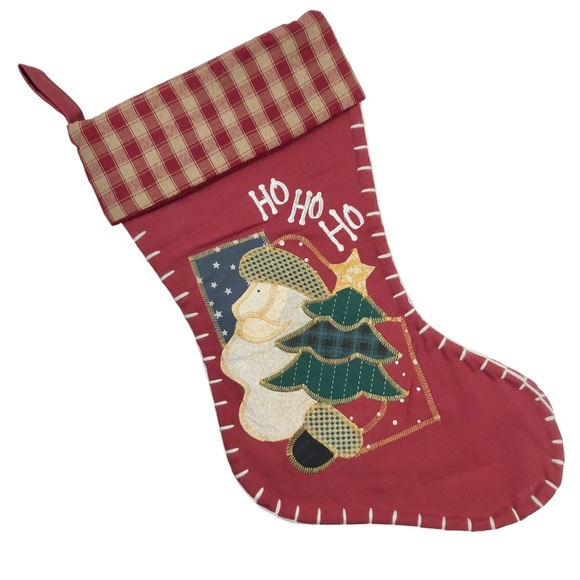 Christmas Stocking Ho Ho Ho Country Santa Dark Red Gingham & Appliqué - Picture 4 of 7